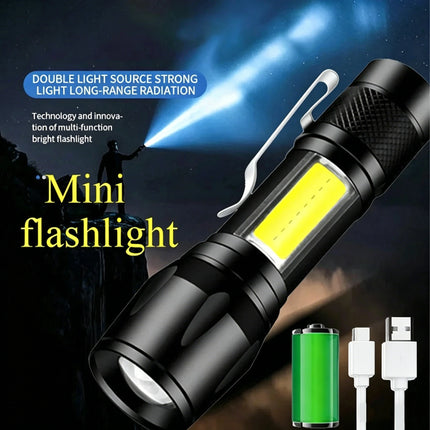 Mini LED Flashlight COB+XPE Portable Torch USB Charging Camping Lantern Zoomable Focus Light Tactical Flashlight with Pen Clip