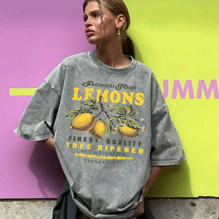 Premium Fresh Lemons Fruit Print Women Washed T-Shirts Y2K Comfortable Short Sleeve Loose All-Match T-Shirt Cotton Hip Hop Top