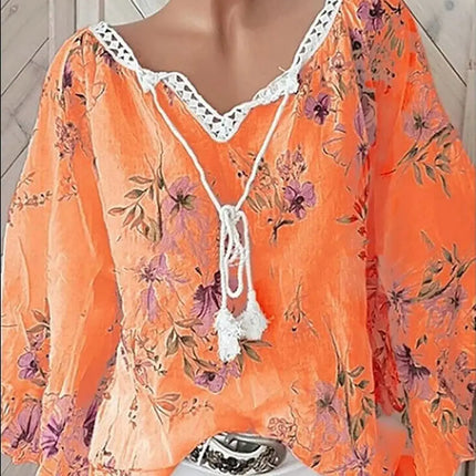 2026 Europe and the United States spring and summer new women's top V-neck splicing print large size long-sleeved shirt women