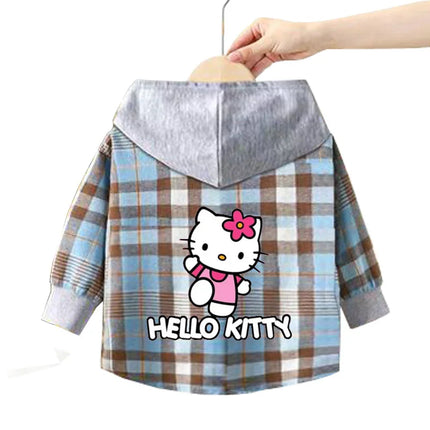 Spring and Autumn Children's Sanrio Cinnamoroll Shirts 1-12 Year Girls Checkered Hooded Blouse Fashion Cartoon Shirt Sweater