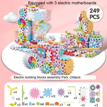 Electric Gear Building Toy Set Motorized Spinning Gears Set Gear Rail Car Big Building Blocks STEM Construction Toy Set