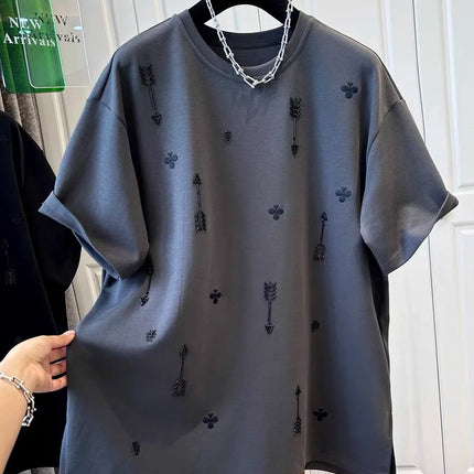 2026 Spring and Summer New Style Pure Cotton Loose Beaded Short-sleeved Fashionable T-shirt Female Top