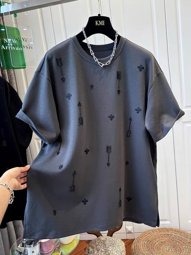 2026 Spring and Summer New Style Pure Cotton Loose Beaded Short-sleeved Fashionable T-shirt Female Top