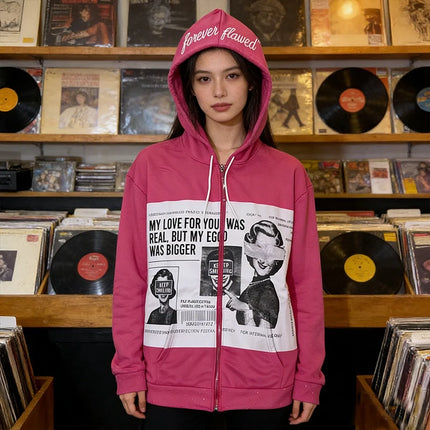 Vintage Portrait Letter Printed Funny Long Sleeve Loose Zipper Hoodies Y2K Autumn Winter Fashion Hip Hop Punk Grunge Casual Coat