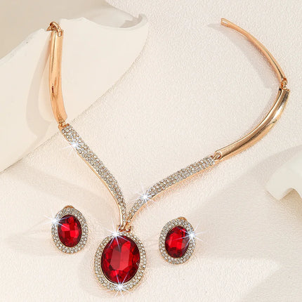 Luxury Red Crystal Necklace Earrings Jewelry Set for Women