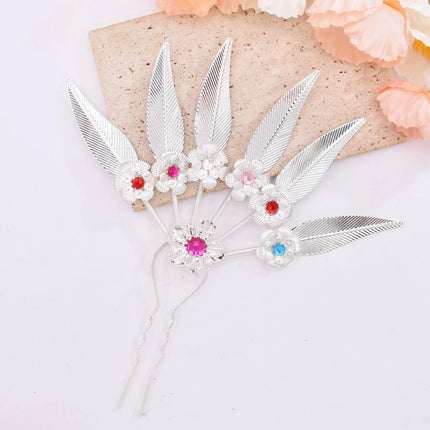 New Golden Alloy Leaf Crystal Flower Hairpin Hair Accessories for Women Thailand Ethnic Dance Party Decoration Headwear Jewelry