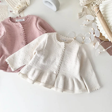deer jonmi 2025 Spring Toddlers Girls Knitted Cardigan Coats Crochet Ruffles Korean Style Baby Kids Cotton Sweaters