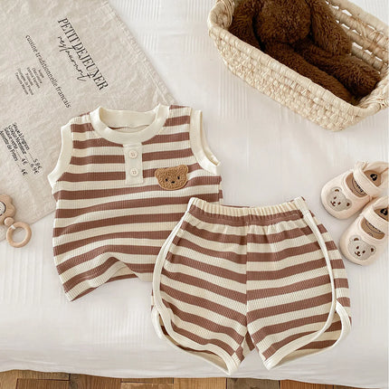 2024 New Summer Baby Stripe Clothes Set Girls Waffle Bear Sleeveless Top+Pants Toddler Infant Outwear 2PCS