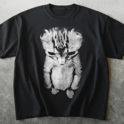 Sad Kitten Meme Standing Cat T-Shirt Summer Men's and Women's Loose and Breathable T-shirt Top