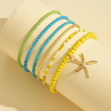 Multilayer Bohemia Rice Bead Anklet Set for Women Fashion Starfish Pendant Anklets Summer Sandy Beach Ankle Chain on Leg Jewelry