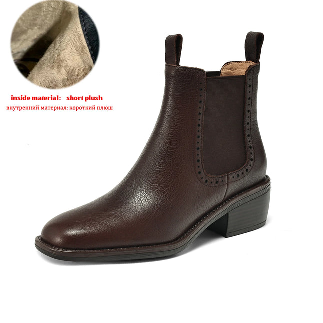 Krazing Pot Big Size 34-43 Cow Leather Round Toe High Heels Retro Modern Chelsea Boots Warm Winter Shoes Motorcycles Ankle Boots
