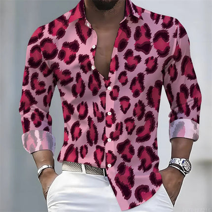 New Men's Leopard Print Long-Sleeved Shirt, Trendy Retro Slim-Fit Turn-Down Collar Casual and Stylish Men's Shirt, Sizes S-6XL.