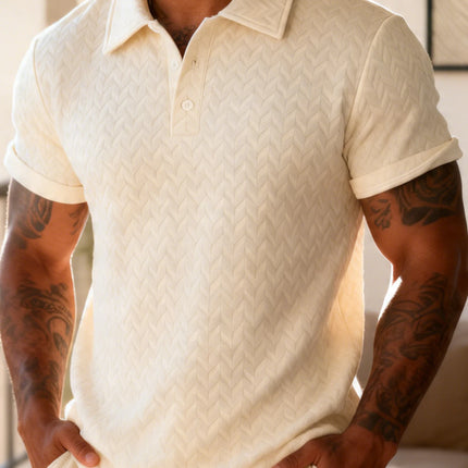 Men's Herringbone Jacquard Texture Polo Shirt with a Turn-Down Collar, Short Sleeves, Button Placket, and Knitted Top. Suitable for a Mature and Professional Look, Summer Casual Wear for Men