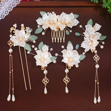 5-piece set featuring vintage floral and tassel designs, handmade Hanfu hair accessories, elegant classical style artificial flo