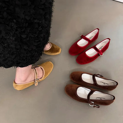Vintage Flat Velvet Korean Style Mary's Single Shoes Women's 2024 New Spring Autumn Winter Red Warm Evening Shoes