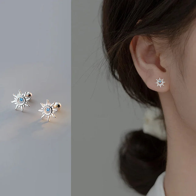 925 Sterling Silver Blue Zircon Sun Small Stud Earrings For Women Piercing Elegant High Fine Jewelry Best Selling