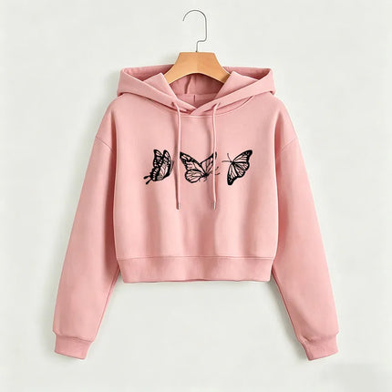 Vintage Butterfly Print Cropped Sweatshirt Crop Top Hoodie Y2k Sweatshirts Gothic Casual Style Clothes Autumn Winter