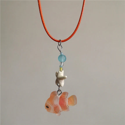 Cute Orange Ceramic Fish Starfish Pendant Beaded Choker Necklace For Women Seaside Vacation Bohemian Harajuku Charm Accessories