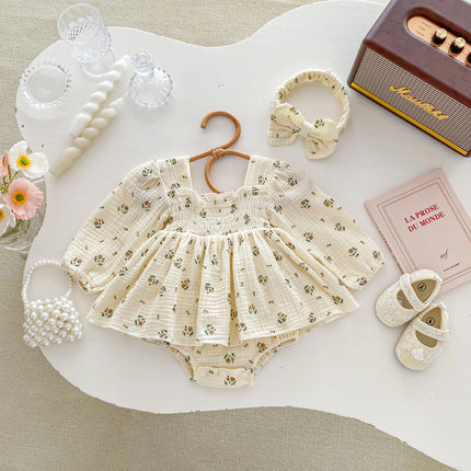 INS style Baby's Autumn Jumpsuit Baby Girl's Princess Hare  Small Floral Dress Western style Sweet with Headband Dress