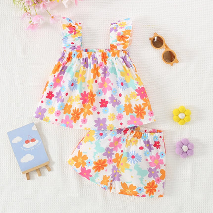 2 Pieces Set Summer Baby Girl Clothes Set Colorful Flower Printed Top with Shorts Baby Girl Korean Outfit