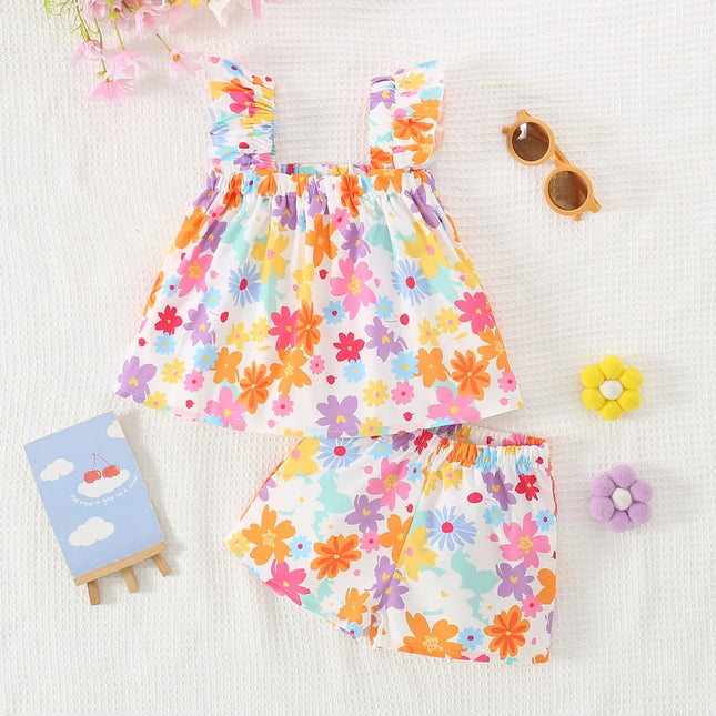 2 Piece Set Summer Baby Girl Clothes Set Colorful Flower Printed Top with Shorts Baby Girl Korean Outfit