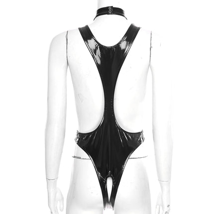 Womens Sexy Glossy Patent Leather Bodysuit – Plunging V-Neck, Backless & Footed for A Bold Night Sissy One-Piece Lingerie Outfit