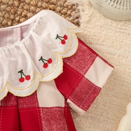 9 Months -4 Years Old Summer New Plaid Short Sleeved Baby Girl Dress, Red Cherry Petal Lapel Children'S Clothing
