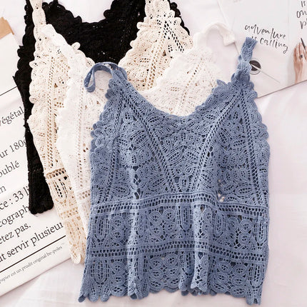 Simple Lace Hollow out Tank Top Women's Korean Sle Summer Outerwear Hoodie ort Sve Commute Sle  Color