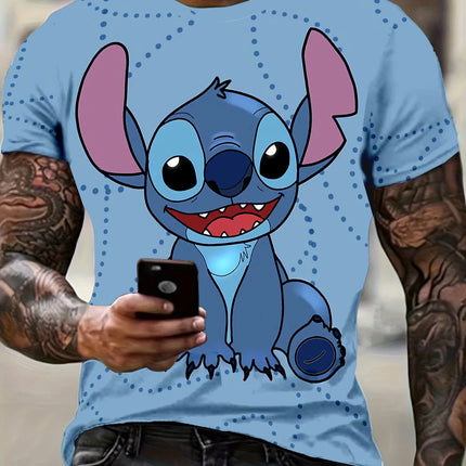 Disney Stitch Big Portrait T-Shirt, Men Light Blue Polka Dot Casual Short Sleeve Daily Wear Tee