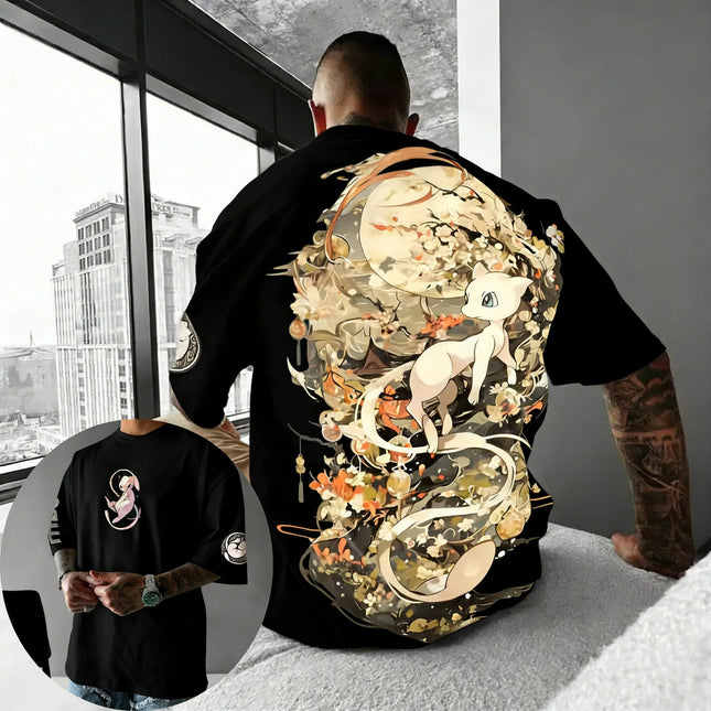 Pokemon   Anime Mew Printed Cotton T-shirt Summer Men's and Women's Loose Casual Street Hip-hop Versatile Short Sleeved Top
