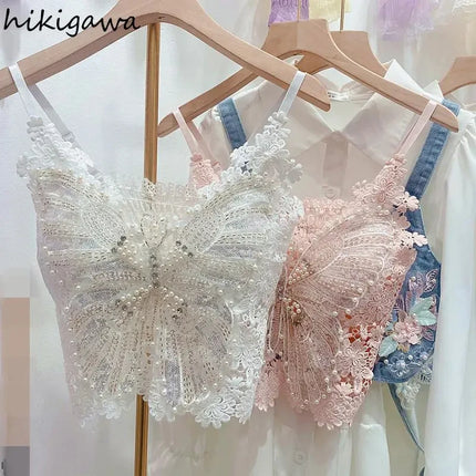 Women's Clothing Heavy Beaded Floral Tank Sexy Crop Tops Ropa Mujer Lace Butterfly Top Navel-Baring Sexy Cropped Top Summer Camis