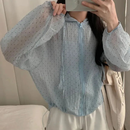 Summer Polka Dot Sun Protection Jacket Loose Fit Thin Hooded Jacket Long Bubble Sleeve Breathable Quick Dry Jacket