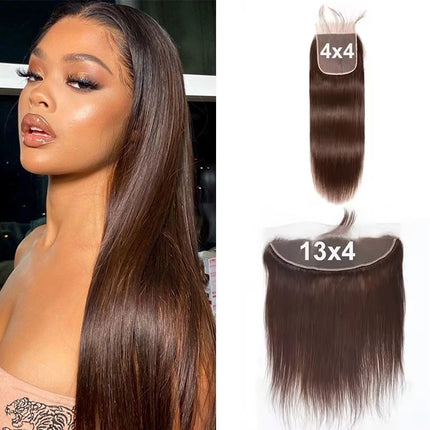 4# Chocolate Brown Straight Hair 13X4 Lace Frontal Burmese Remy Human Hair Preplucked 4x4 Transparent Lace Closure Human Hair