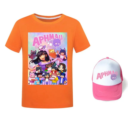 Anime Aphmau Tshit Kids Summer Clothes Baby Girls Cartoon T-Shirt + Sunhat 2pcs Set Boys Short Sleeve Casual Tops Children Tees