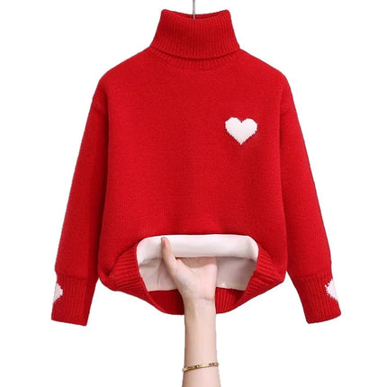 Girls' High Neck Velvet Winter Collection Children's Love Knitted Top Girls' Winter Thick Base Knitted Sweater