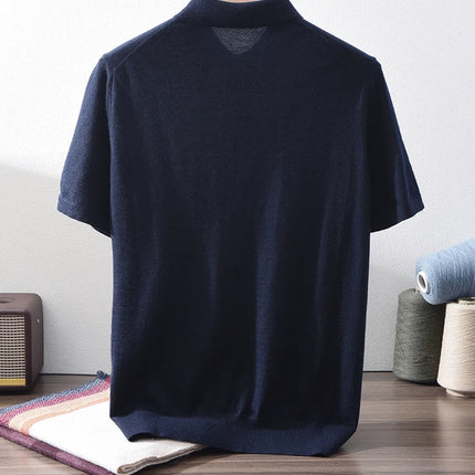 High quality 100% pure spun cashmere men's T-shirt casual solid color knitted pullover short sleeved POLO Neck Tees basic Tops