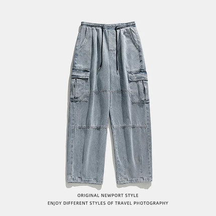 Korean men clothing Japanese style three-dimensional pocket jeans spring new retro vintage washed water workwear men's pants