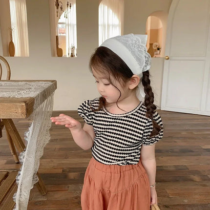 2024 Summer New Korean Style Baby Girls Striped T-shirts Bowknot Backless Puff Sleeve Tops Toddlers Kids Tees