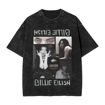 Billie Eilish Funny Poster Graphic Print T-shirt Men Women Fashion Vintage Washed Cotton O-neck Summer Tee Oversized Casual Top