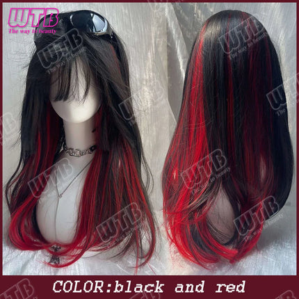 WTB Pink Highlighted Synthetic Lolita Wig for Women Long Straight with Bangs Suitable for Everyday Wear Holidays and Cosplay