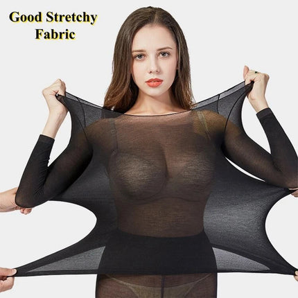 Women's Long Sleeve Underwear Ultra Thin Long Johns Crewneck Thermal Underwear Sets Warm Base Layer Underwear 2pcs Suit