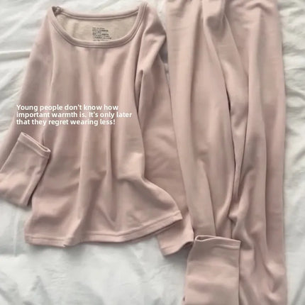 Thiened Fce Warm Underwear Set for Women round Ne Close-Fitting Pure Color Home Clothes Winter Thermal Suit