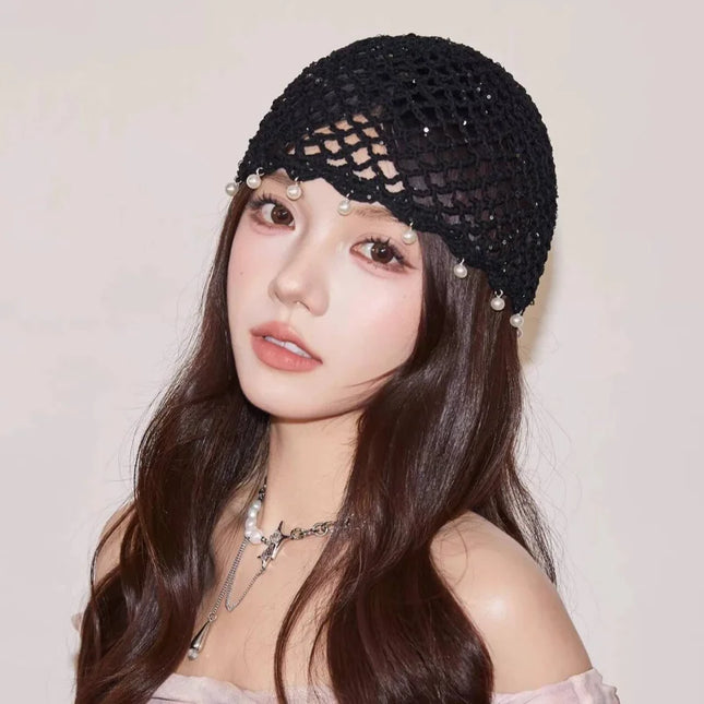 Retro Ethnic Hollow Knit Head Wrap Hat Sequins Pearl Fringe Tassel Crochet Beanie Bohemian Breathable Summer Women Pullover Cap