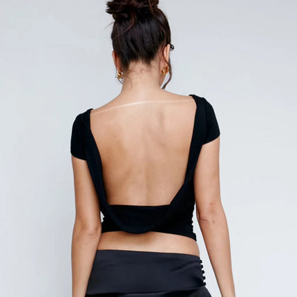 Women's O Neck Short Sleeve Backless Ruched Crop Top Y2K Streetwear Summer Spring Casual T-Shirt Dropshipping