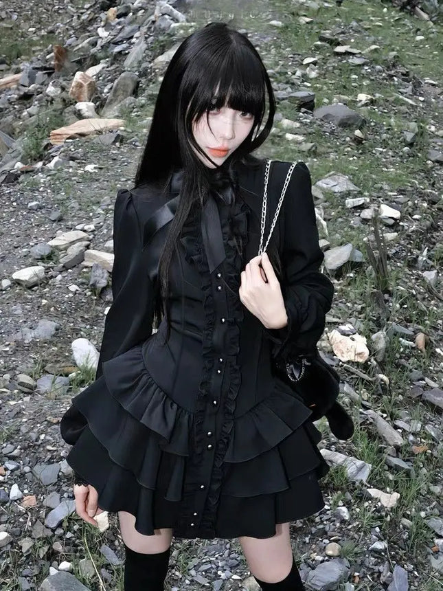 Gothic Vintage Lace Y2k Mini Dress Women Design Streetwear Black Lolita Slim Dress Long Sleeve Elegant Dress Spicy Girls