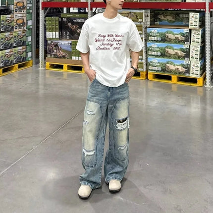 Men's Jeans Man Pants Heavy Duty Washed Multi Pocket Carpenter Style Straight Loose Denim Trousers Casual Fit High Street