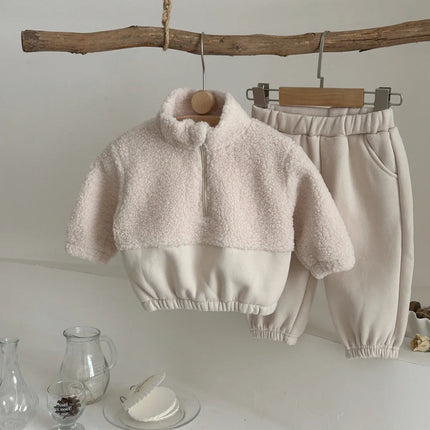 1-3 Year Baby Boy Girls Clothing Set Winter Autumn Lamb Fleece Sweatshirt Pants 2Pc Children Suit Toddler Kid Casual Outfit