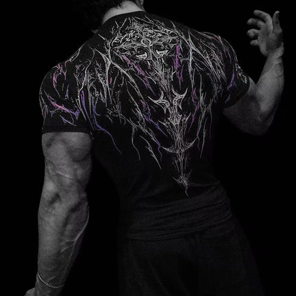 Men's Compression Sports Shirt Tee Gothic Lightning Print GYM Fitness Top Summer Quick Dry Breathable Bodybuilding T-shirt