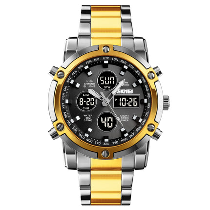 SKMEI Men Dual Display Watch Countdown Steel Strap Electronic Wristwatch Three Time Clock Digital Quartz Watch Relogio Masculino