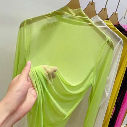 Transparent Gauze Base Layer T-shirt Women's Summer Long-Sleeved T-shirt with Gauze Half High Collar Sunscreen 2024